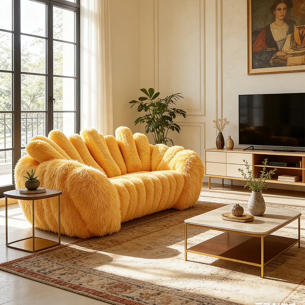 #Modern Yellow Faux Fur Petal Sofa: Plush Vertical Striped Lounge Couch For Living Room Decor
