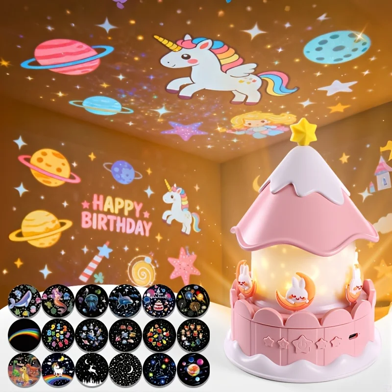 360-°-回転式キャッスルプロジェクター、交換可能なフィルム21枚、星空＆海テーマ、心地よいナイトライト、寝室用、睡眠補助、ギフト