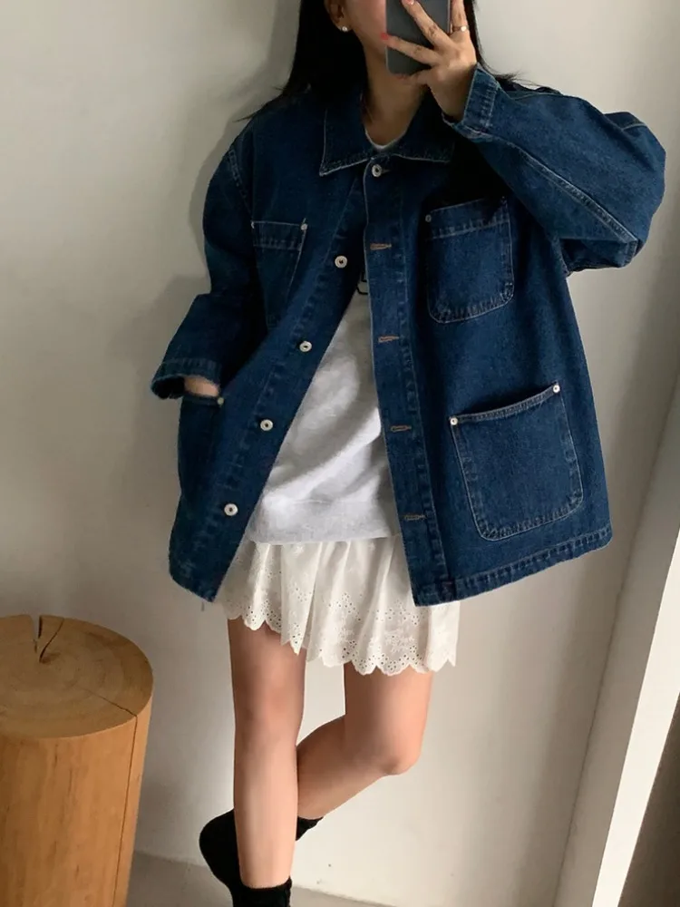 

Retro Multi-ket Design Loose Casual Long Sve Denim Jaet for Women Spring New Sle Chic Commute Wind Resistant Outerwear