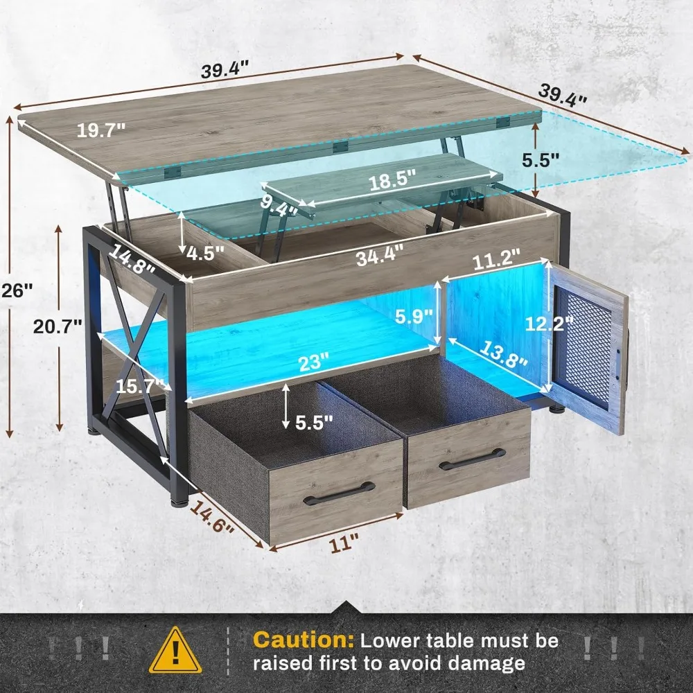 40" Lift Top Coffee Table, 4 in 1 Coffee Tables with Storage Cabinet for Living Room,Small Coffee Table with 2 Drawers&LED Light