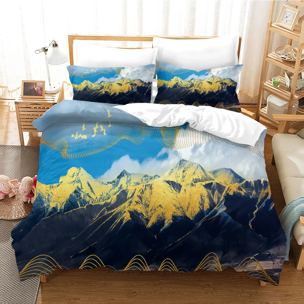 HUANZHUANG duvet cover full size 3D Boys Girls Mountain Range Landscape At Dusk Print Bedding Set Microfiber set 3 Pieces