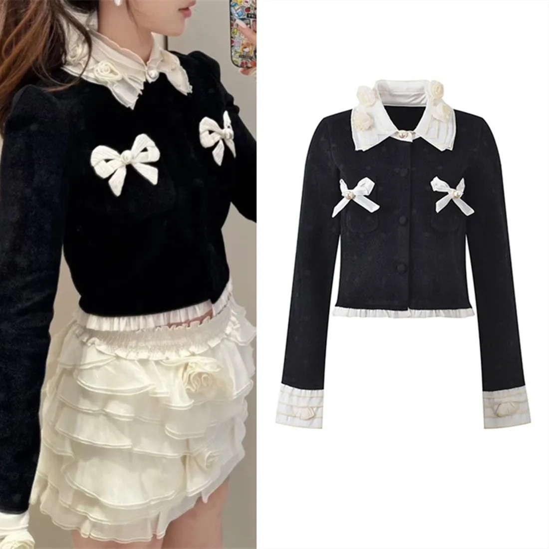 

Ele ort Knitted Cardigan with Embroidered Knot Color Blo Ogees Breathable Sweet Sle Women's Outerwear