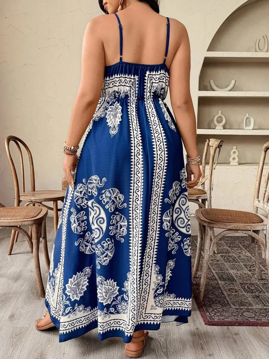 

Plus Size Women Elephant Print Asymmetric Camisole Maxi Dress Holiday Style