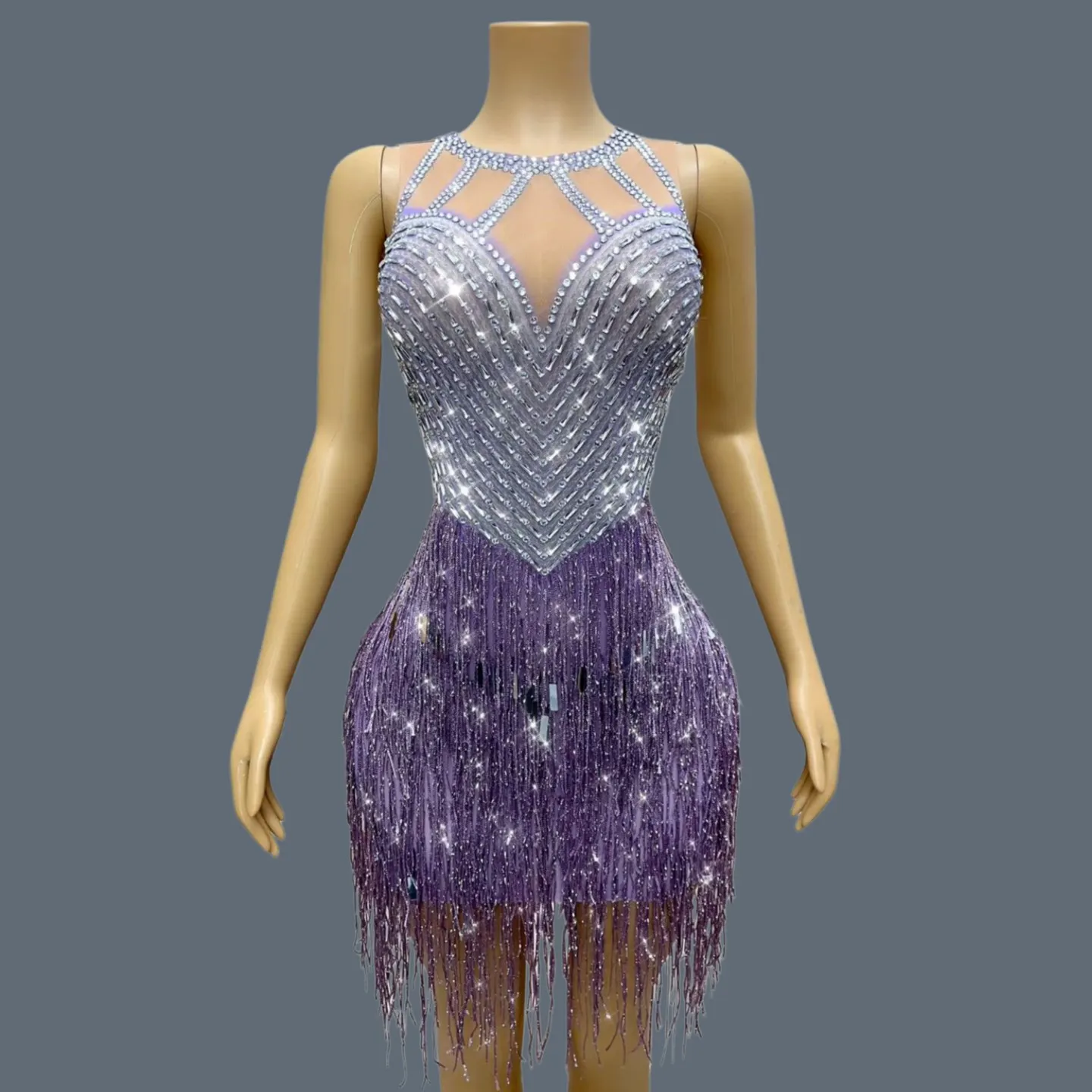 

Sexy Sparkly Rhinestone Tassel Sleeveless Mini Dress Birthday Evening Party Outfit Nightclub Stage Show Latin Dance Wear Piaoliu