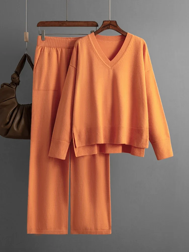 

2025 New European and American Autumn and Winter Casual Suit Women Solid Loose Pant Sets Sweater Pullover Knit Two-piece Set