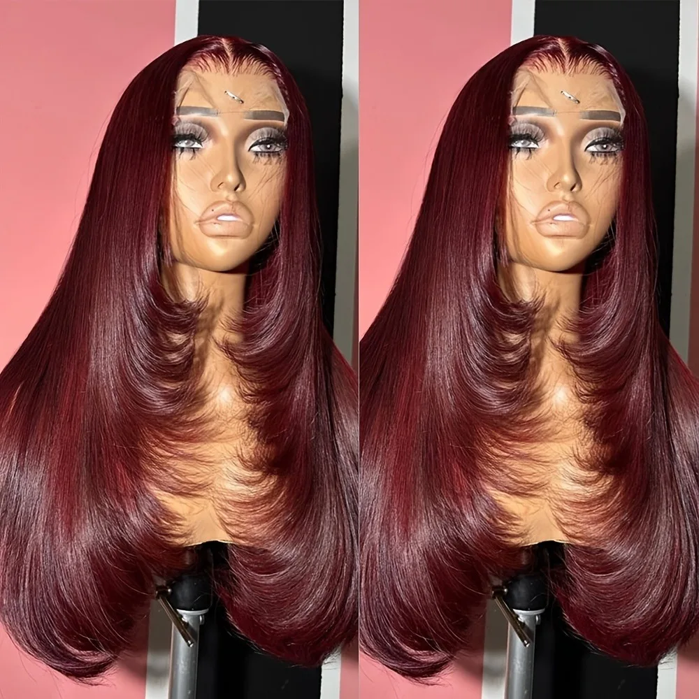 

Высококачественный синтетический парик 99J Burgundy с многослойным кружевом, прямой, с фронтальной частью из кружева 13x4 HD, предварительно выщипанный, красный, для косплея