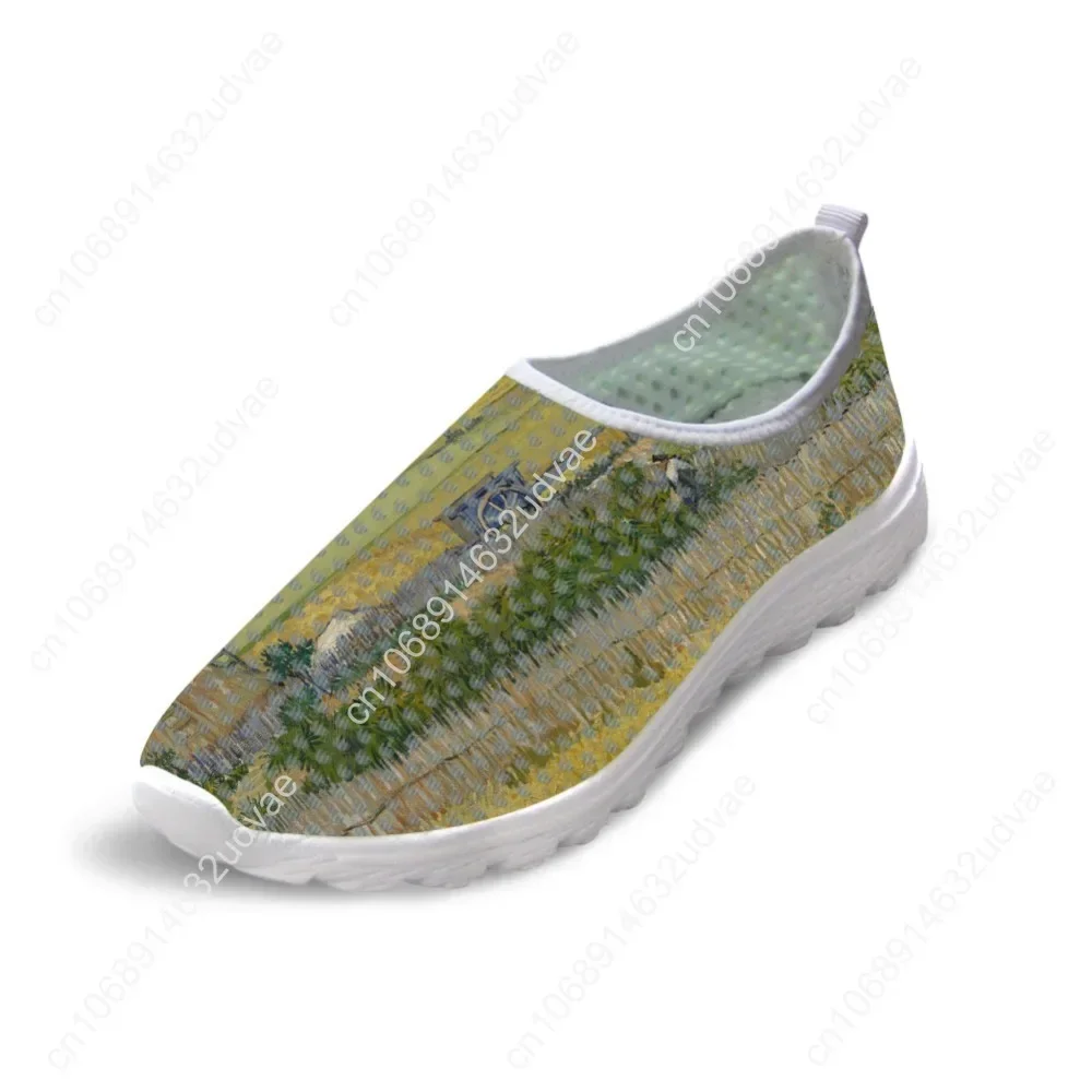 Zapatillas planas informales para mujer, zapatos de malla transpirables con estampado artístico, pintura de Van Gogh, peso ligero, Verano