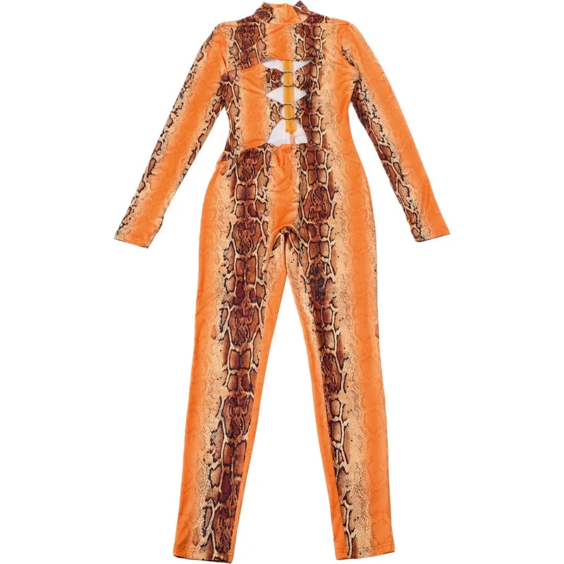 مثير الجوف خارج مطبوعة Bodycon رومبير بذلة امرأة طويلة الأكمام حلقة معدنية نحيل قطعة واحدة وزرة ليلة ملابس نادي الحفلات