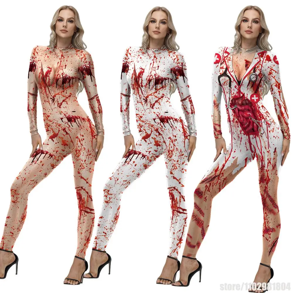 血まみれの吸血鬼ボディスーツ ハロウィン ゾンビ コスプレ衣装 カーニバル ゼンタイスーツ レディースジャンプスーツ 死者の日パーティー服