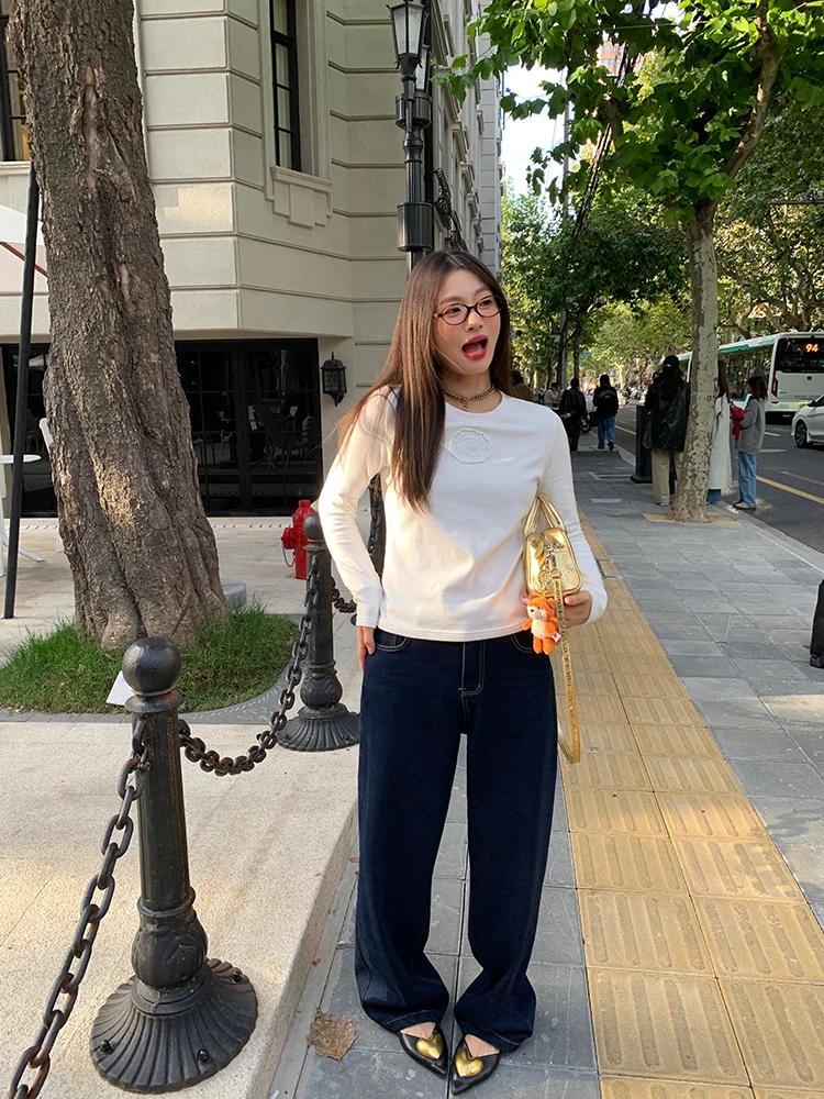 Long Sve Women's T-irt White Base Layer irt Autumn Winter Inner Wear Casual Sle Creative Pattern Cotton Blend Fabric