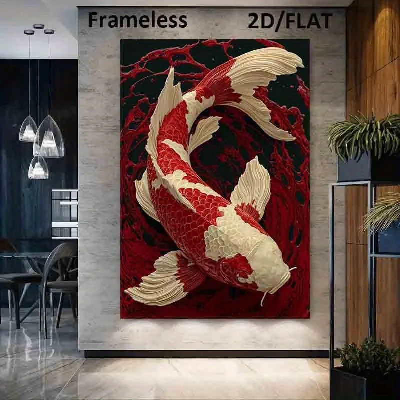1pc Extra Large Modern Red Koi Fish Canvas Poster - Japanese-Inspired Koi Fish Wall Art - Minimalist Black & Red Decor - Framele