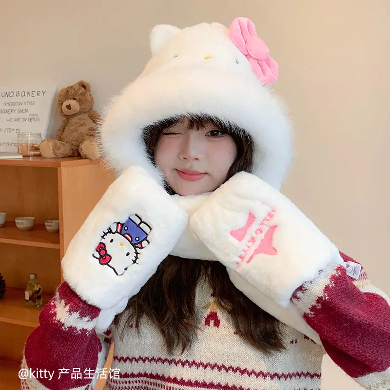 

Kawaii Hello Kitty Kuromi My Melody Pochacco Hangyodon Sanrio студенческая милая теплая шапка детский теплый шарф перчатки подарок для детей