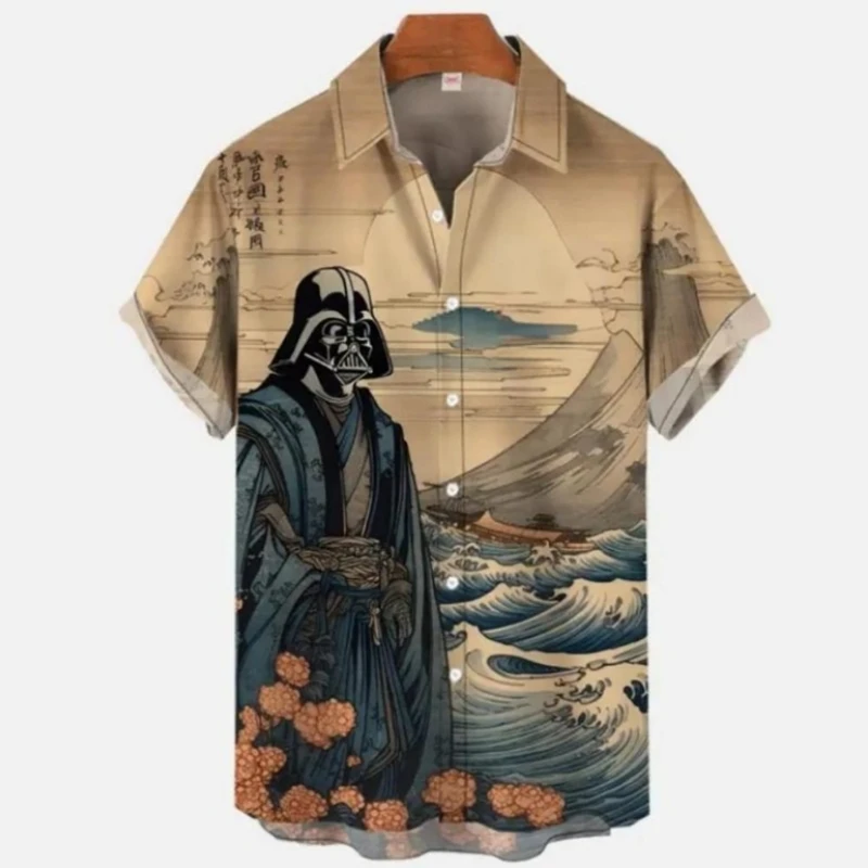 

Vintage Men's Shirt Ukiyo-E Retro Masked Samurai Landscape Painting Print Short-Sleeved Shirts Loose Oversized Men Clothing Tops