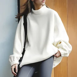 Maden Sudadera de felpa con cuello alto para mujer suéter cálido para otoño e invierno estilo oversize suéter holgado de manga larga básico de color sólido con cuello redondo y cordón en el dobladillo