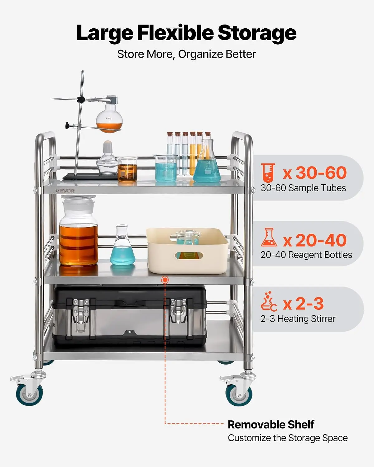 Stainless Steel Rolling Cart, 3-Tier Metal Utility Cart with Lockable Wheels, Medical Serving Trolley Clinic Tray, Mobile Servic - view 5