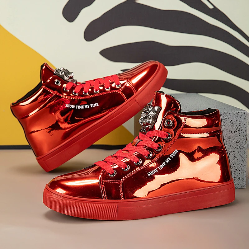 

Модные красные зеркальные туфли, мужские уличные кроссовки, большой размер 39-47, высокие мужские туфли на платформе для скейтборда, мужские блестящие кроссовки в стиле хип-хоп