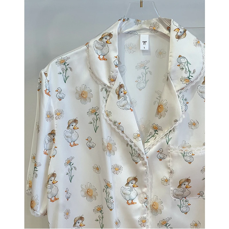 Cute Cartoon Duck Print Home Clothes 2PCS Pijama Spring Summer New Pijama Mujer Loungewear Shirt Pants Lady Loungewear 5
