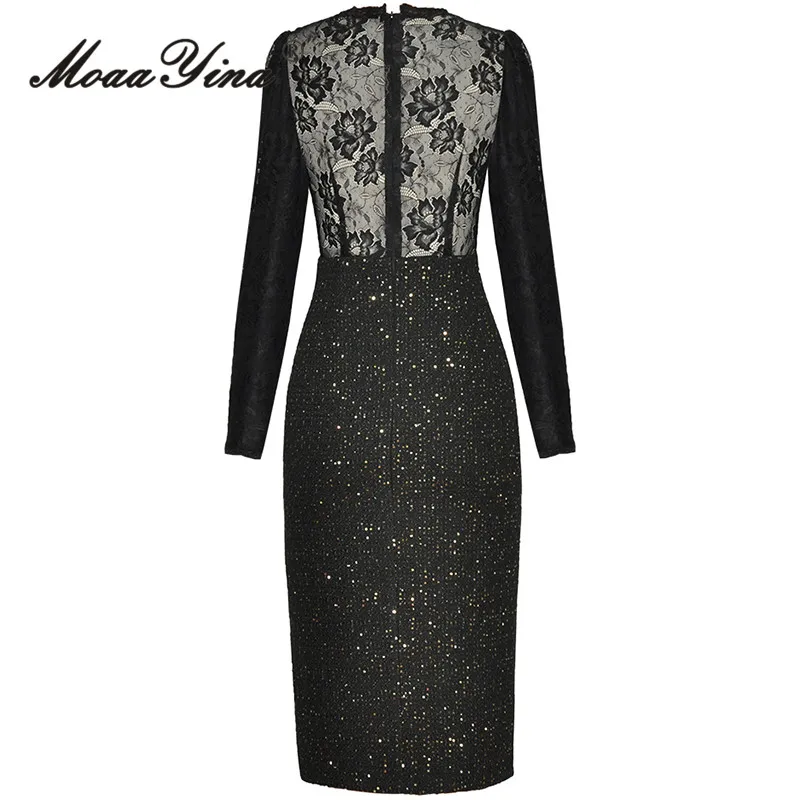 MoaaYina Autumn Fashion Designer Vintage Lace Dress Women V Neck Button Sequins High Waist Package Buttocks Slit SLim Long Dress