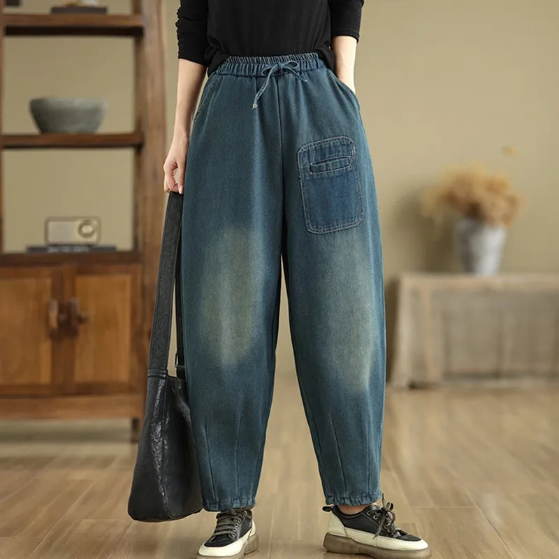 Thick Warm Casual Jeans Women New Arrival 2024 Autumn Winter Vintage Style Solid Color Loose Female High Waist Denim Pants B2097