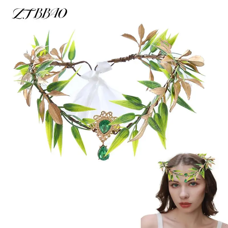 

1PCS Handmade Elf Princess Headpiece Forest Wedding Flower Crown Fairy Leaf Rhinestone Headband For Women Girls Halloween