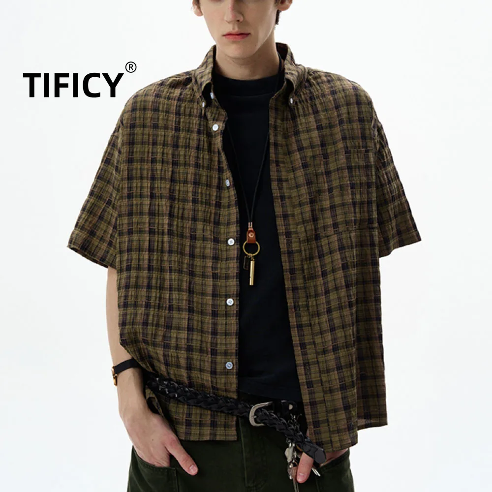 

Рубашка High Street, мужская плиссированная шифоновая рубашка в стиле ретро с короткими рукавами, женская свободная повседневная клетчатая уличная рубашка, верхняя мужская одежда