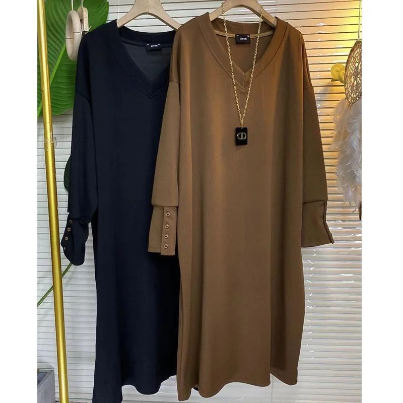 

plus Size Women's Long V-Ne Casual Dr Autumn Winter Loose Fit Concealing Lazy Sle Base Layer Dr Trendy Korean Sle