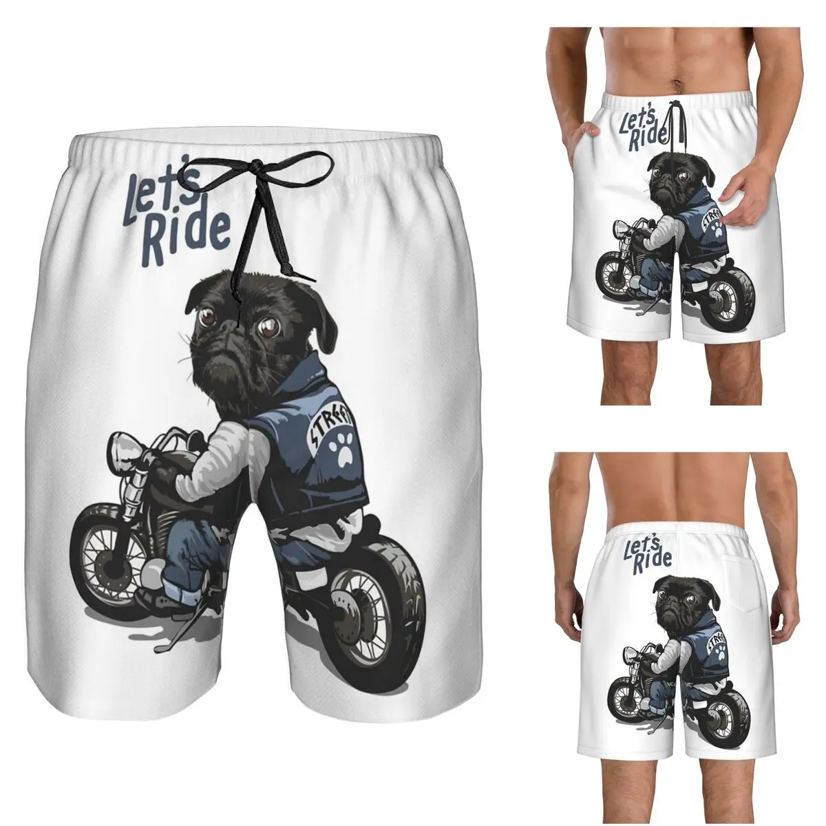 Let's Ride Motorcycle Big Bike Black Pug Dog Trunks Beach Board Shorts Casual Quick Dry Swim Summer Men Pants