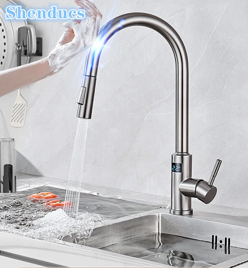 

Smart Digital Touch on Kitchen Faucets 304 Stainless Steel Hot Cold Kitchen Sink Mixer Tap Pull Out Digital Touch Kitchen Faucet
