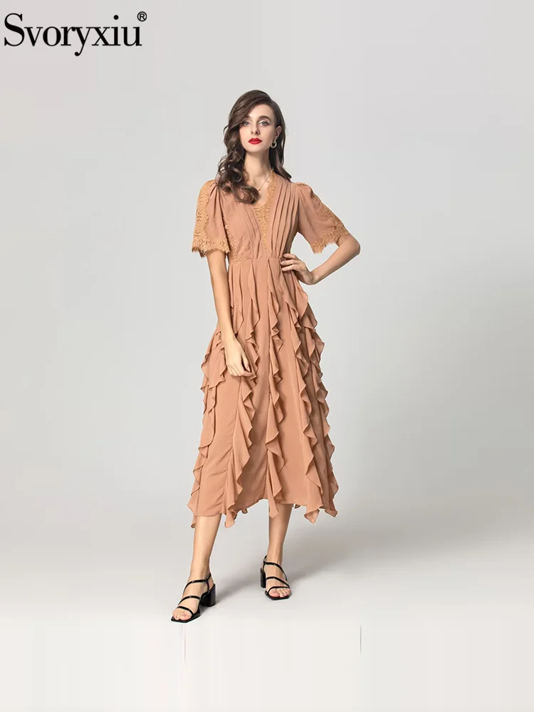 

Svoryxiu Fashion Runway Summer Khaki Vintage Midi Dress Women's Lace V-Neck Short Sleeve High Waist Shirring Flounces Dress