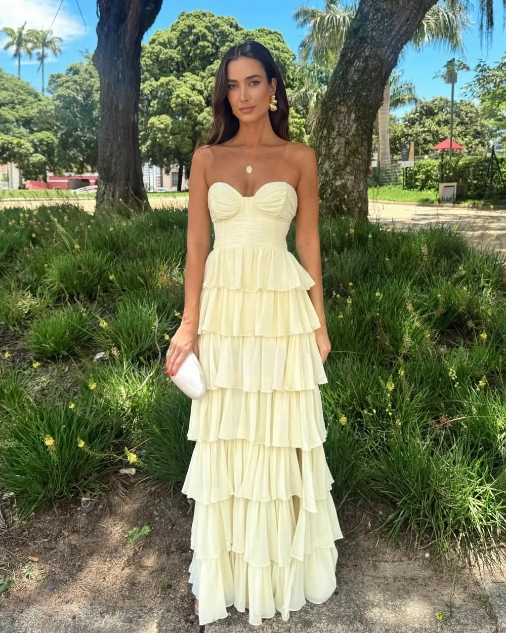

Customized Sexy Matching Chiffon Pleat Ruched Draped Tiered A-line Strapless Long Dresses Evening Dresses Sizes Available Retro