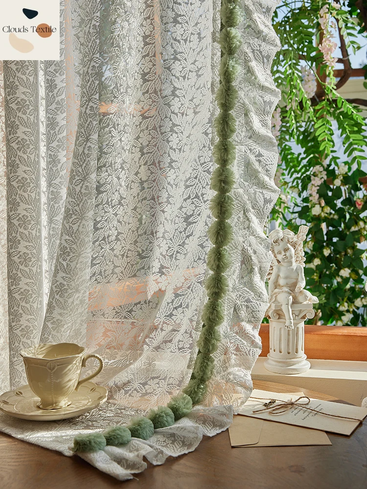 1PC French Lace Curtains White Gauze Curtains Balcony Living Room Green Fur Ball Lace Partition Door Curtains