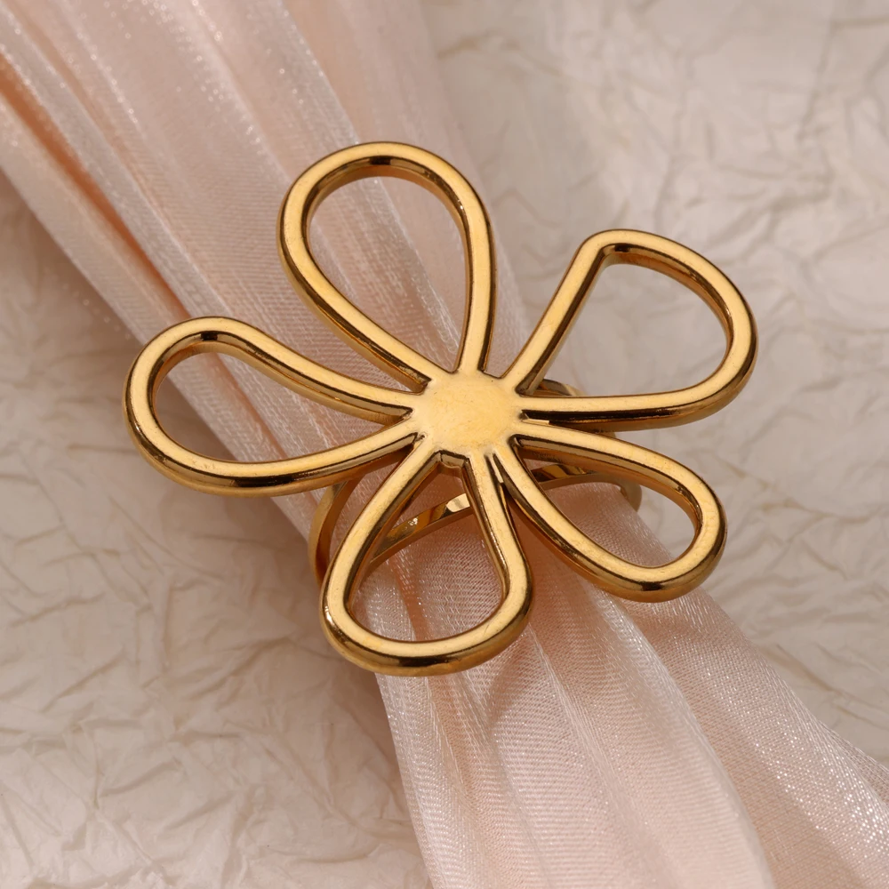 Hollow Flowers Double Layer Rings for Women Stainless Steel Gold Color Open Adjustable Ring Aesthetic Wedding Waterproof Jewelry