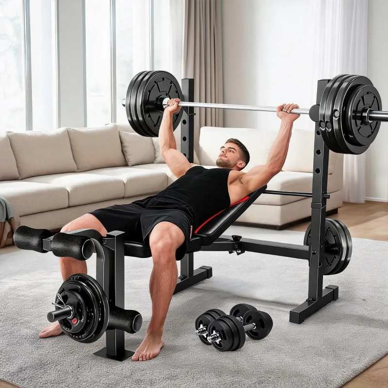 4-in-1 Foldable Weight Bench Set 600lbs Capacity with Squat Rack Leg Extension And Leg Curl for Home Gym Fitness Equipment