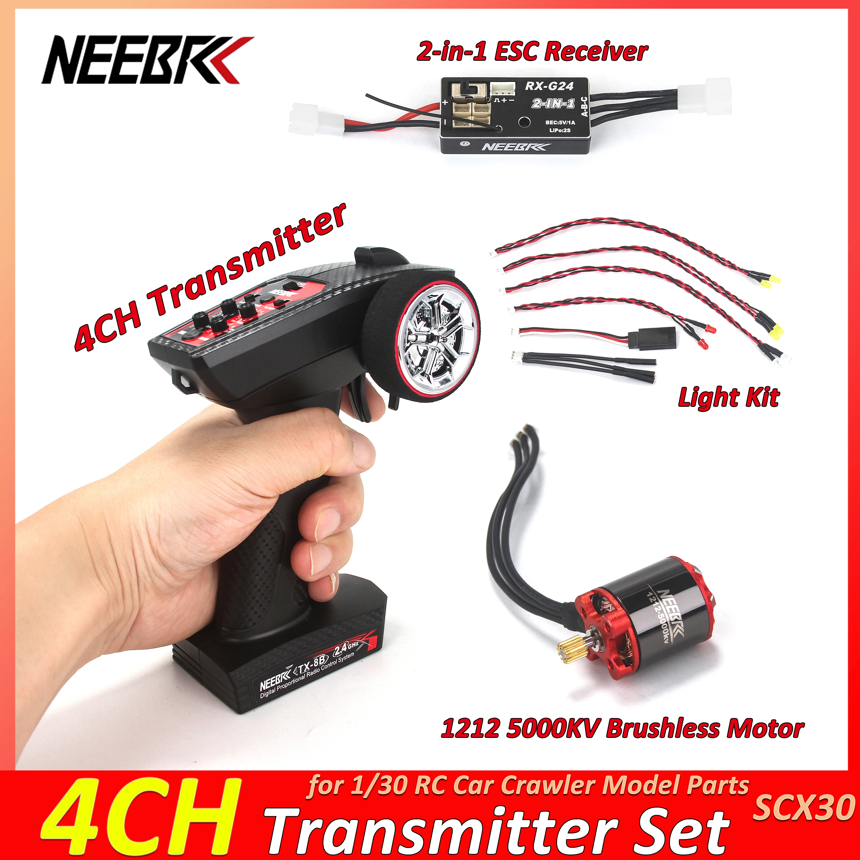 NEEBRC 2‑in‑1 ESC Receiver 1212 5000KV Brushless Motor Light Kit 4CH Transmitter Set for 1/30 RC Car Crawler Model Parts SCX30