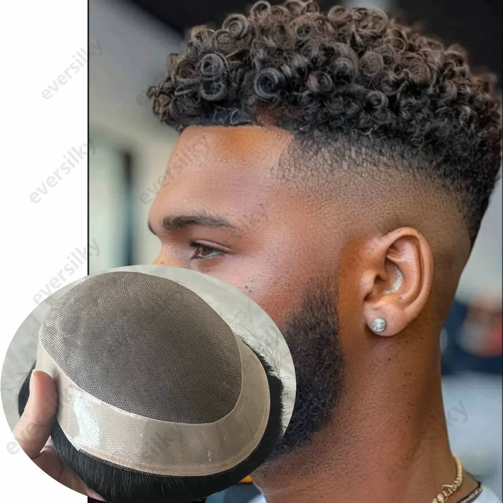 10mm/12mm Kinky Curly Herren-Toupet aus natürlichem Echthaar, supernatürlicher Haaransatz, Mono-Lace-Mesh-NPU-Basis, Haarprothesensystem – Detail 1