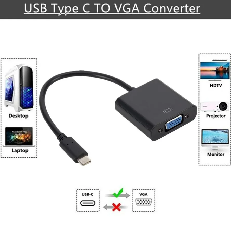 محول كابل USB-C من النوع C VGA، مناسب لجهاز MacBook، 12 بوصة، Chromebook Pixel Lumia 950XL