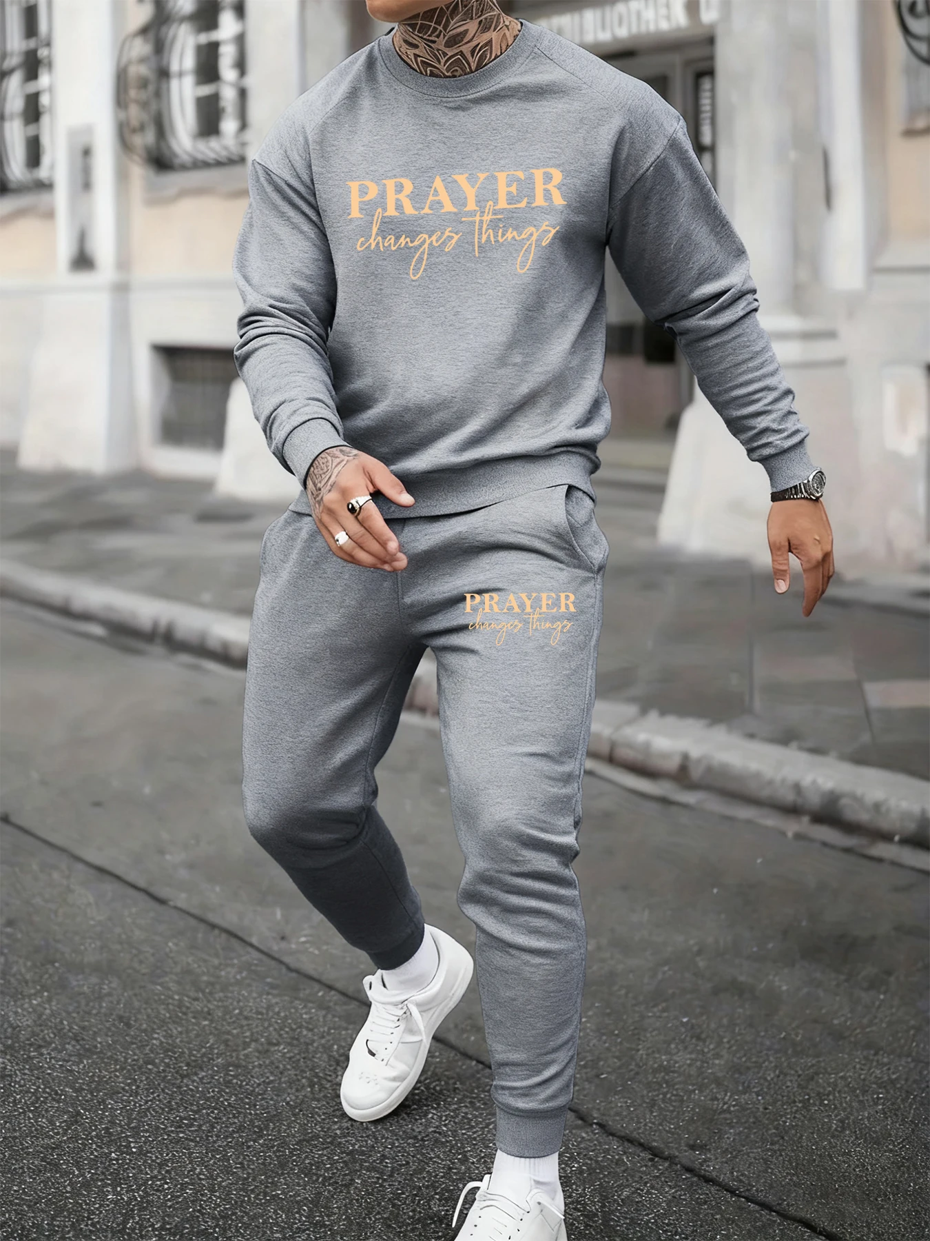 Gebet Ändern Dinge Druck Mann Herbst Sweatshirt Set Weiche Oansatz Zwei Stücke Sets Lange-Länge Straße Hemd Paar der Hosen