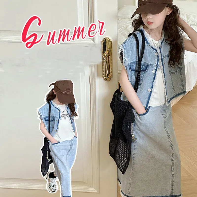 

Girls Summer skirt Set 2024 Fashion Childrens Clothing Thin denim Vest+Skirt Two Piece kids girl clothes Suit chlidren outfits 8