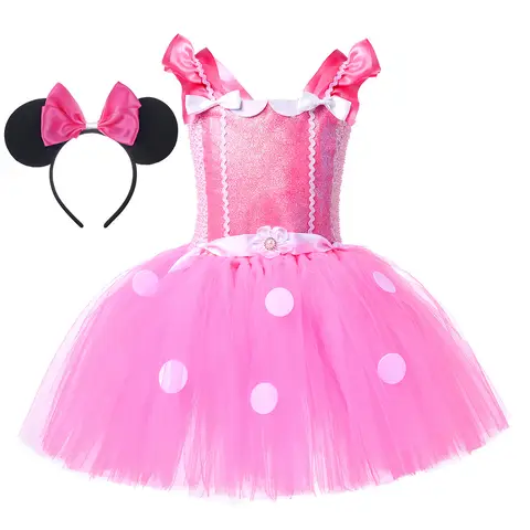 Kids Pink Mickey Costumes Cute Minnie Mouse Tutu Skirt for Halloween Cosplay Outfits Party Dress Up with Headband