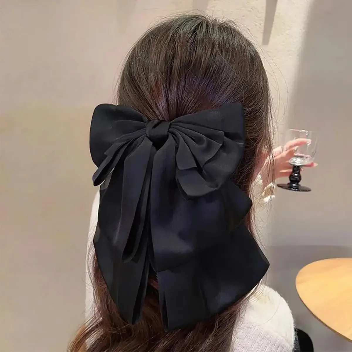 مشابك شعر على شكل فيونكة من الساتان باللون الأسود كبيرة الحجم دبوس شعر فرنسي لطيف لإكسسوارات تزيين الشعر
