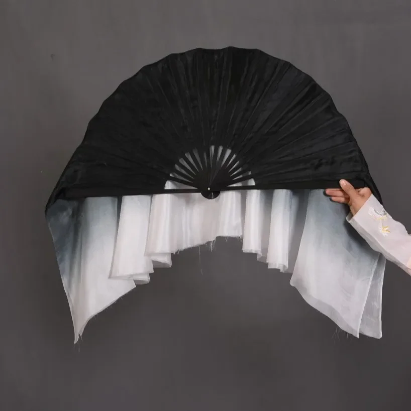 Black Rib Women Real Silk 1 Pair Yangko Dance Silk Bamboo Veils Dance Short Fan Veil Gradient Color Half Circle Two Layers  30\