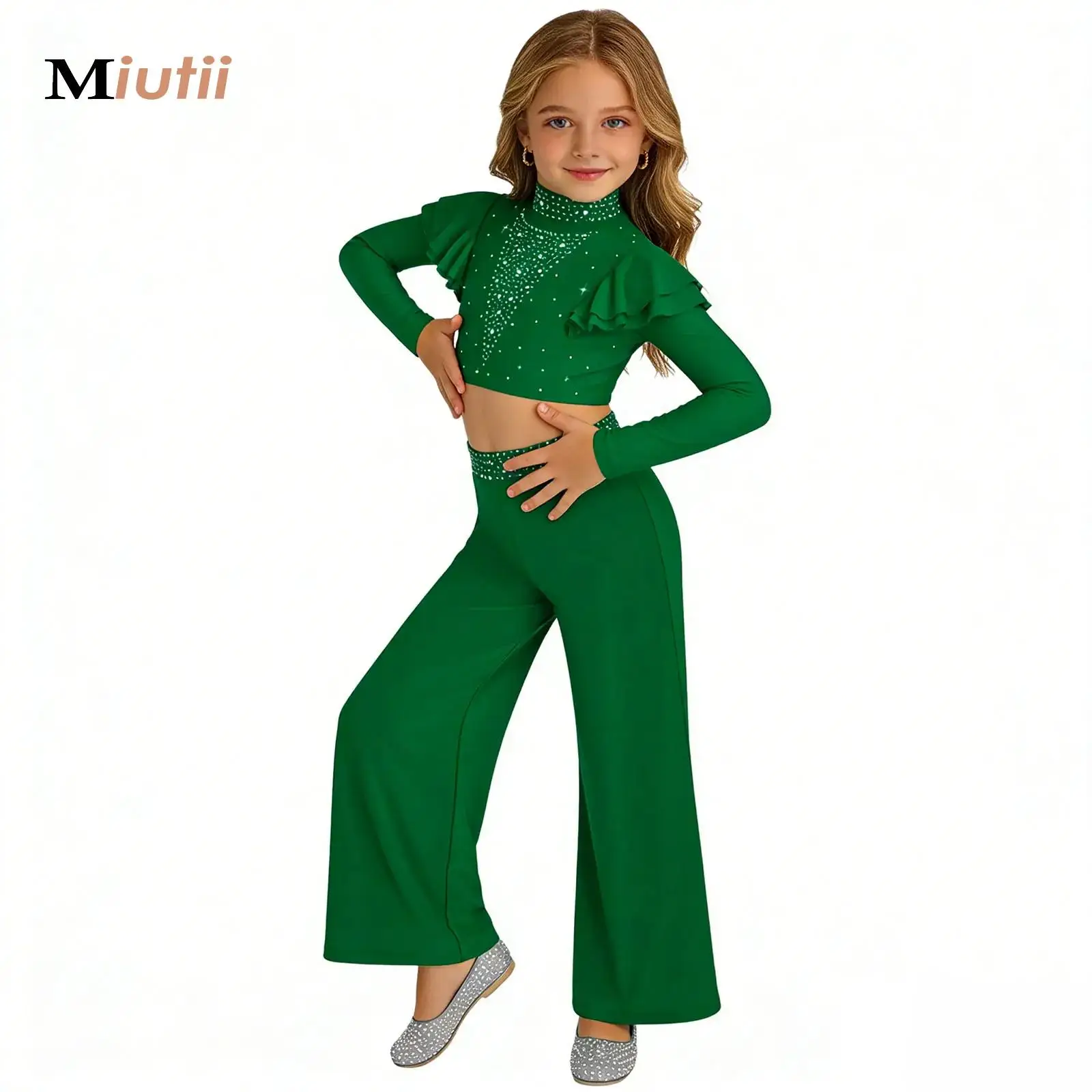 

Girls Sparkling Ballet Dancewear Latin Lyrical Dance Rhythmic Gymnastics Crop Tops+Pants Dress Jazz Dancing Performance Costume
