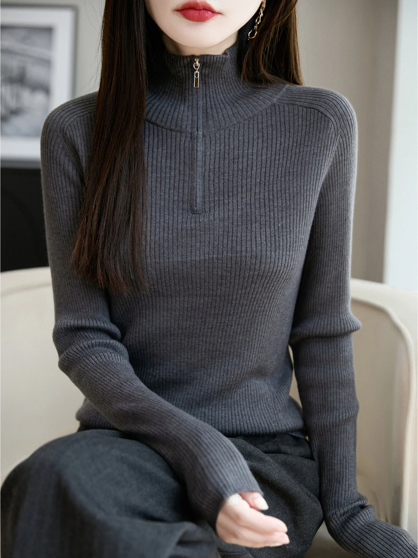 

Высококачественный вязаный свитер на молнии из пряжу и шерсти с открытым воротником, новинка 202, длинный свитер Sve Base irt с отложным воротником