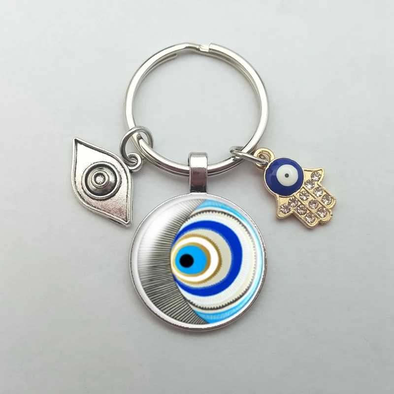 Beautiful Blue Evil Eye Religious Photo Round Glass Keychain Evil Eye Pendant Keyring Eyelashes Big Evil Keychain Jewelry Gift