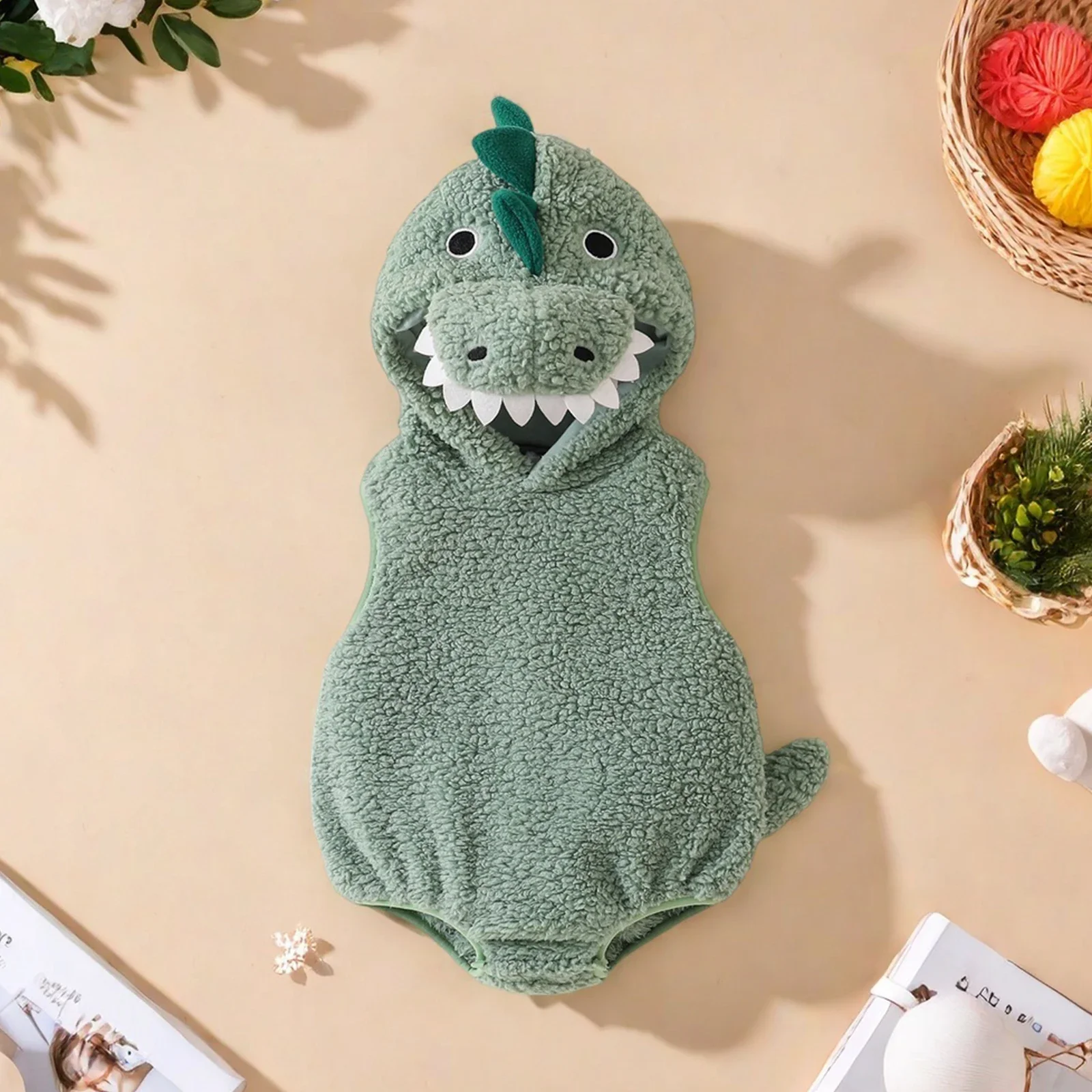 New Halloween Newborn Baby Dinosaur Plush Overall Costume Sleeveless Cartoon Dinosaur Hooded Romper Party Funny Clothes Cosplay