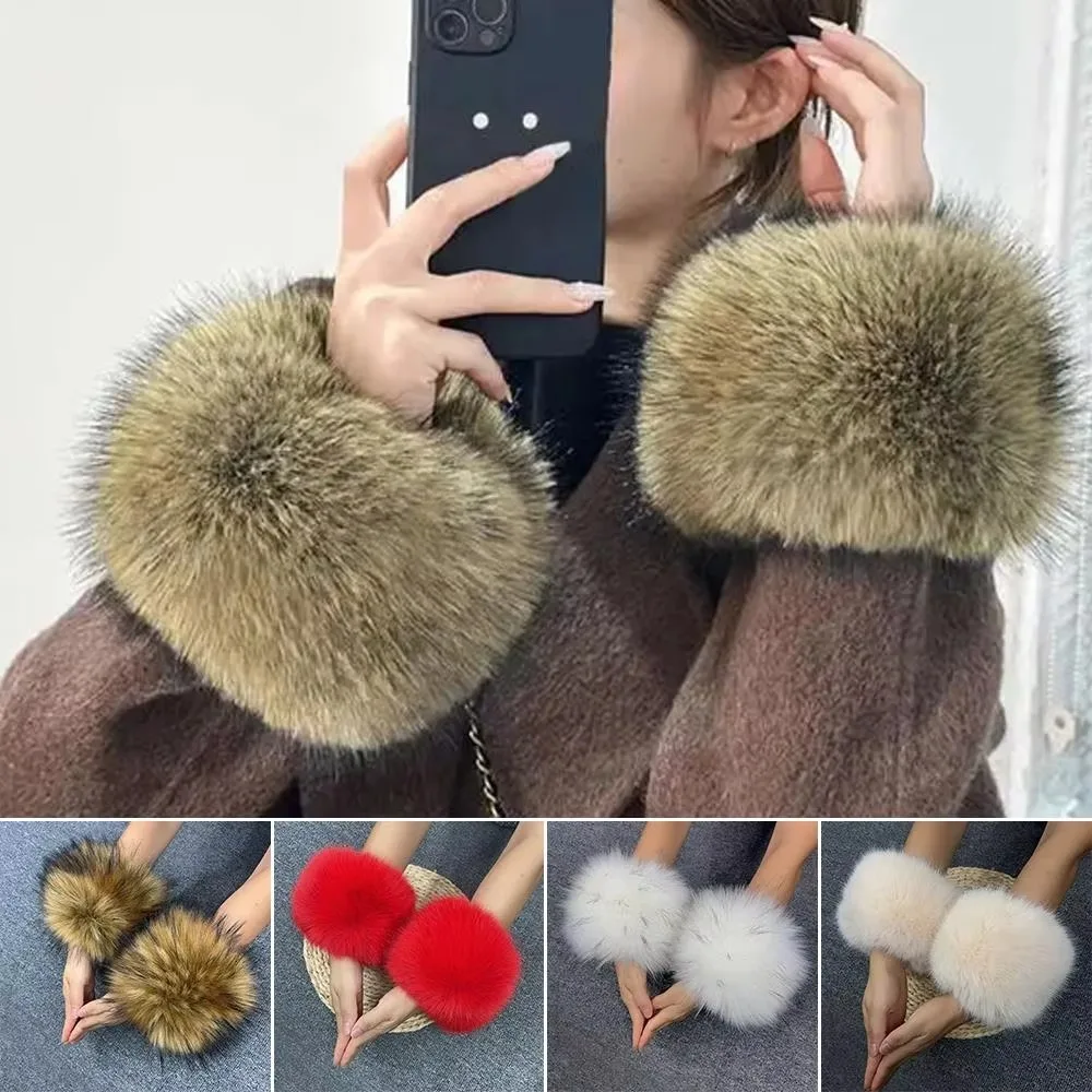 1 Pair Fashion Fluffy Faux Fox Fur Cuffs Soft Removable Wrist Warmers Detachable Sleeve Windproof Arm Warmers Women