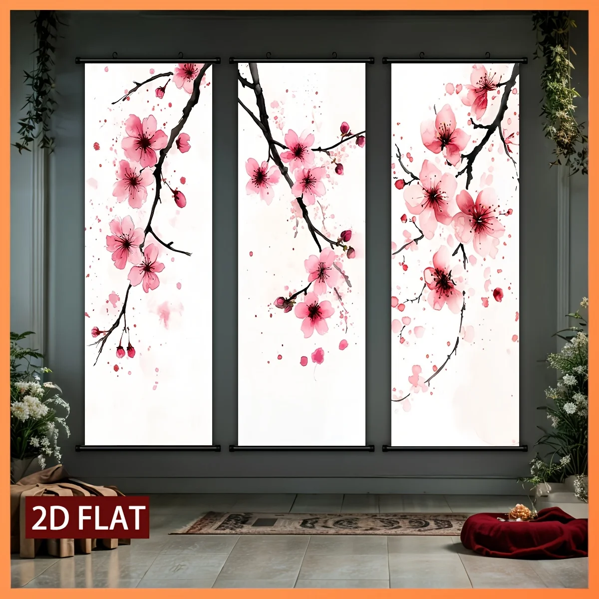 VIKAMA Chinese Ink Peach Blossom Scroll Tapestry, HD Fade Resistant Wall Scroll Painting, Serene Room Decor
