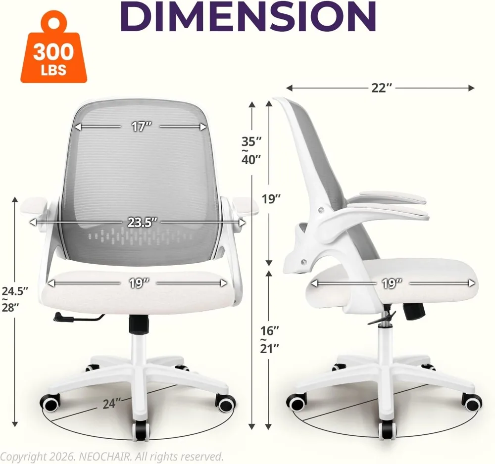 Ergonomic Mesh Office Chair with Lumbar Support, Adjustable Height, Swivel, Flip-Up Arms, Rolling Wheels for Home Vanity (Ivory)