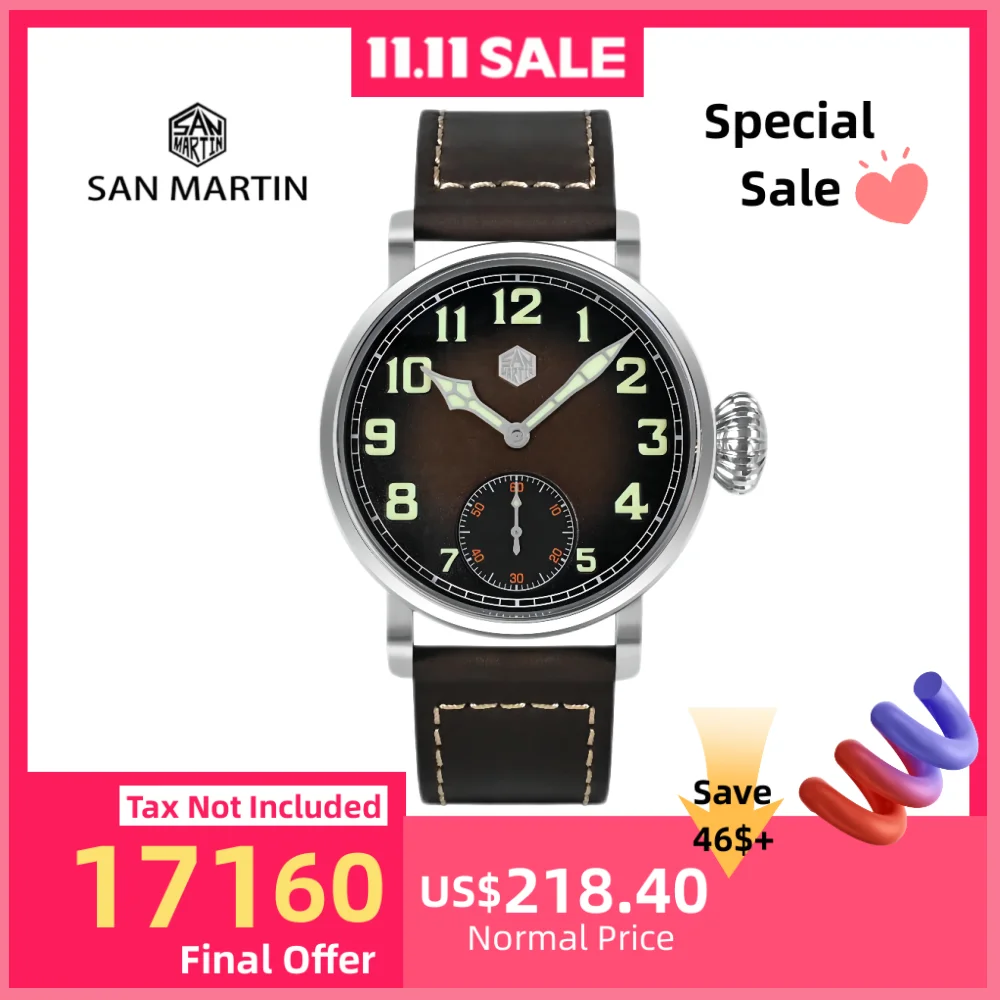 

San Martin 45 мм бронзовые/стальные механические часы для мужчин водонепроницаемые наручные часы ретро пилот ST3621 Роскошные Saat светящиеся 10 бар SN0095
