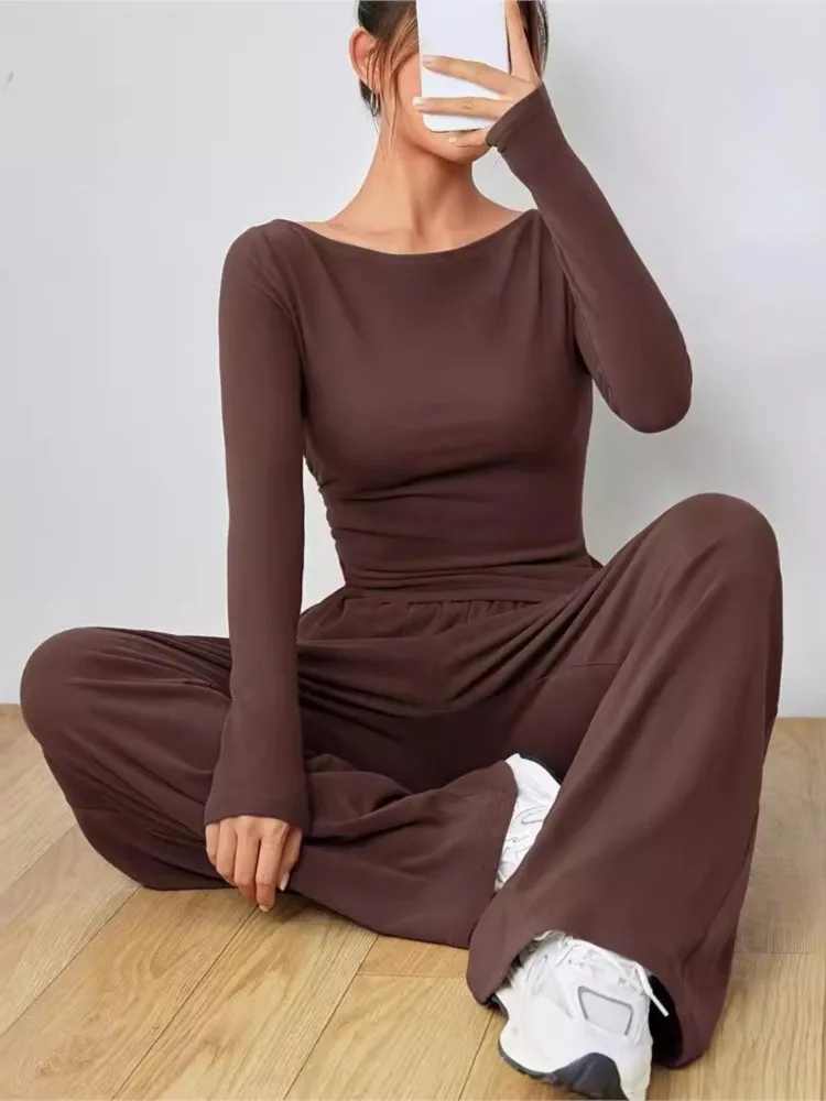 Casual Women's Clothes Yoga Sport Set Women's Two-Piece Wide-Leg Pants Set Soft Tracksuit Suit Fashion Irregularitie Suit，2-Pcs